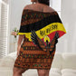 Uganda Off Shoulder Short Dress - Crested Crane and Rise and Shine Tribal Pattern Design