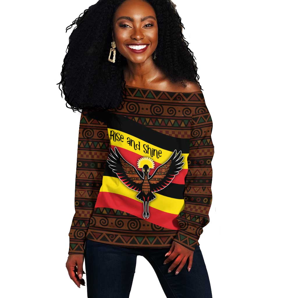 Uganda Off Shoulder Sweater - Crested Crane and Rise and Shine Tribal Pattern Design