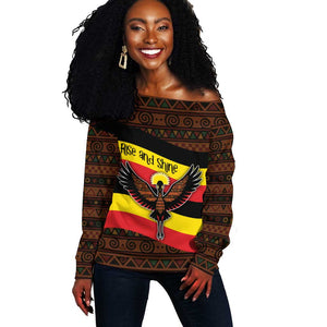 Uganda Off Shoulder Sweater - Crested Crane and Rise and Shine Tribal Pattern Design