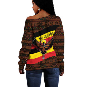 Uganda Off Shoulder Sweater - Crested Crane and Rise and Shine Tribal Pattern Design