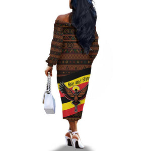 Uganda Off The Shoulder Long Sleeve Dress - Crested Crane and Rise and Shine Tribal Pattern Design