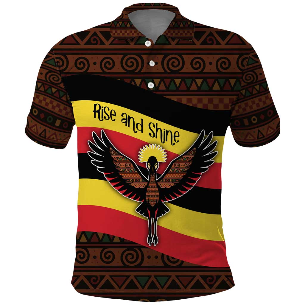 Uganda Polo Shirt - Crested Crane and Rise and Shine Tribal Pattern Design