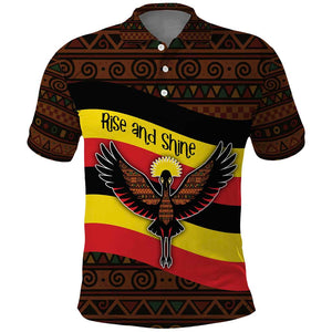 Uganda Polo Shirt - Crested Crane and Rise and Shine Tribal Pattern Design