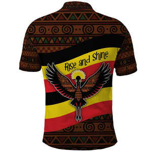 Uganda Polo Shirt - Crested Crane and Rise and Shine Tribal Pattern Design