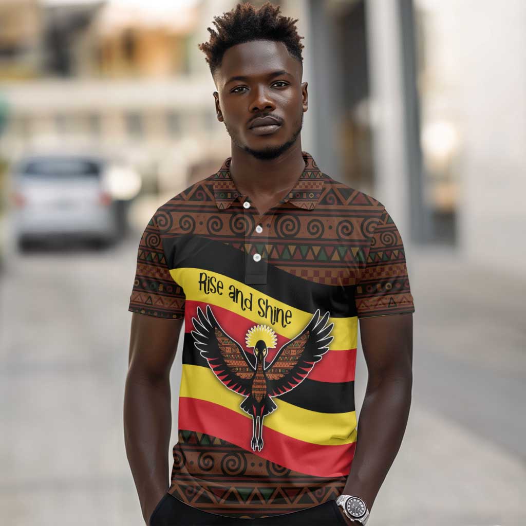 Uganda Polo Shirt - Crested Crane and Rise and Shine Tribal Pattern Design