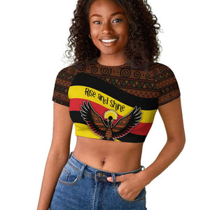 Uganda Raglan Cropped T shirt - Crested Crane and Rise and Shine Tribal Pattern Design