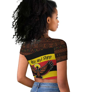 Uganda Raglan Cropped T shirt - Crested Crane and Rise and Shine Tribal Pattern Design