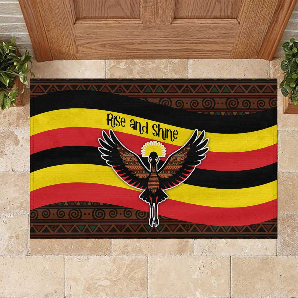 Uganda Rubber Doormat - Crested Crane and Rise and Shine Tribal Pattern Design