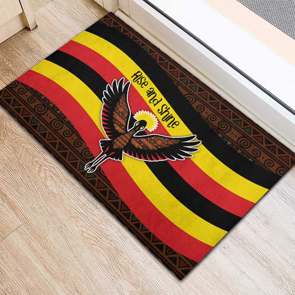 Uganda Rubber Doormat - Crested Crane and Rise and Shine Tribal Pattern Design