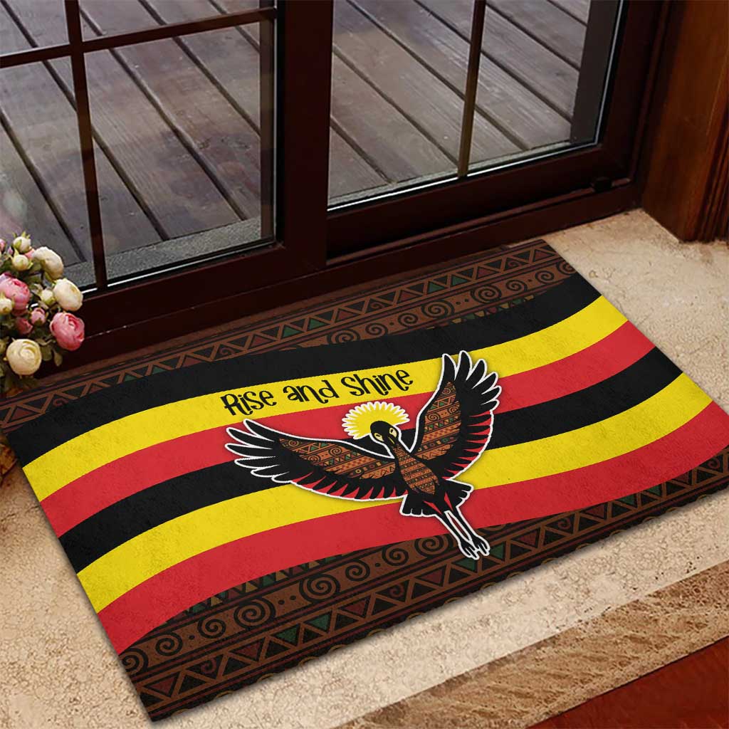 Uganda Rubber Doormat - Crested Crane and Rise and Shine Tribal Pattern Design