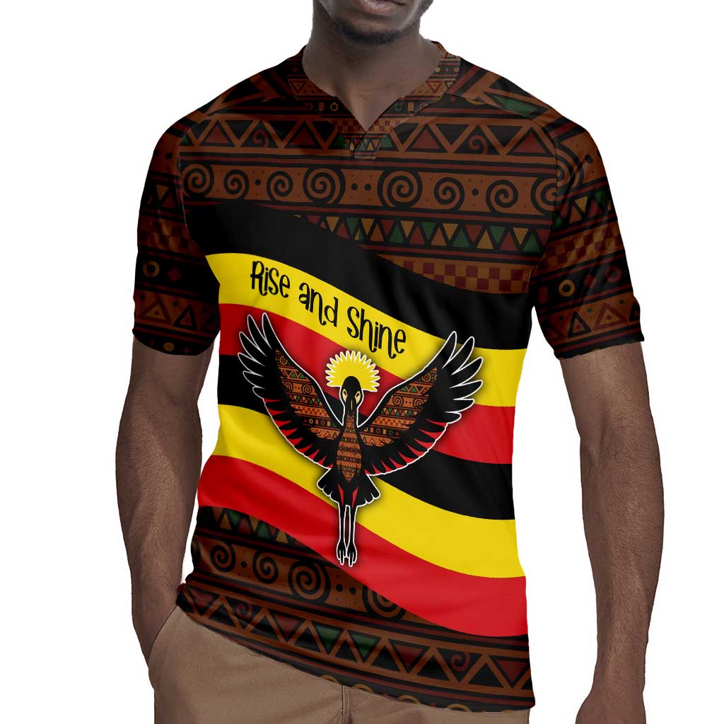 Uganda Rugby Jersey - Crested Crane and Rise and Shine Tribal Pattern Design