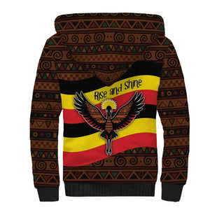 Uganda Sherpa Hoodie - Crested Crane and Rise and Shine Tribal Pattern Design
