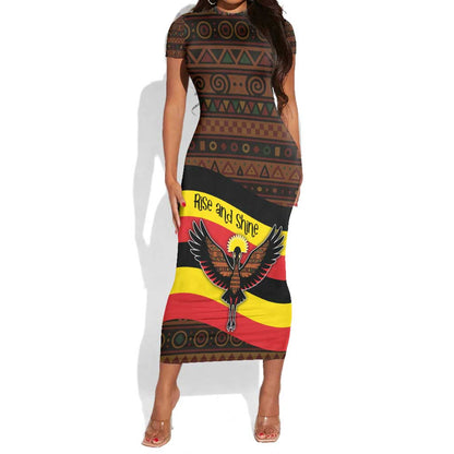 Uganda Short Sleeve Bodycon Dress - Crested Crane and Rise and Shine Tribal Pattern Design TS04