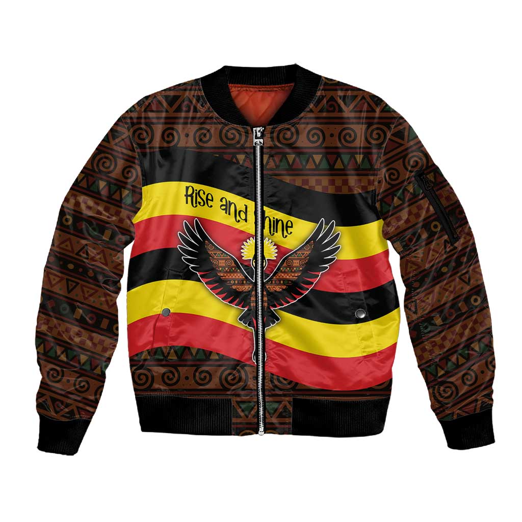 Uganda Sleeve Zip Bomber Jacket - Crested Crane and Rise and Shine Tribal Pattern Design