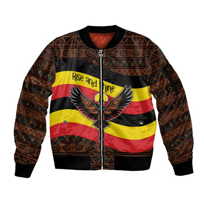 Uganda Sleeve Zip Bomber Jacket - Crested Crane and Rise and Shine Tribal Pattern Design