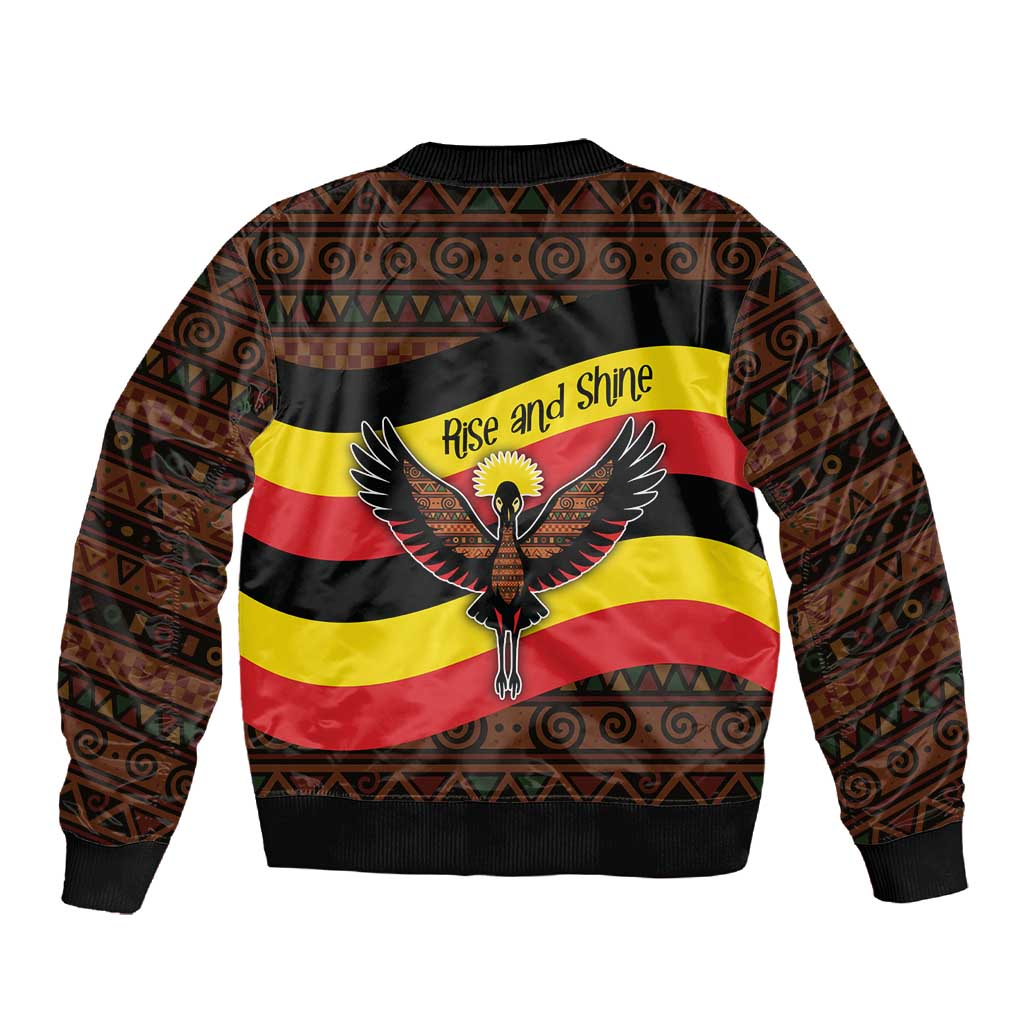 Uganda Sleeve Zip Bomber Jacket - Crested Crane and Rise and Shine Tribal Pattern Design