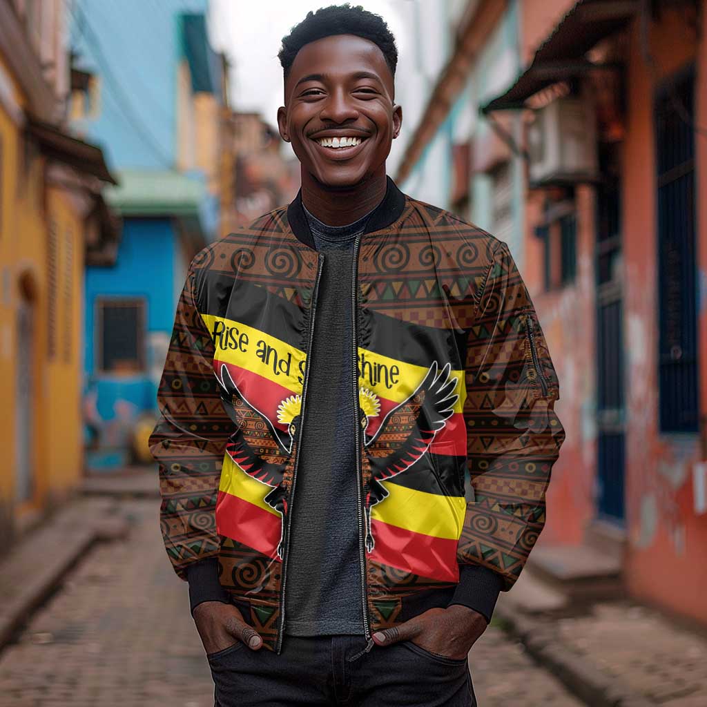 Uganda Sleeve Zip Bomber Jacket - Crested Crane and Rise and Shine Tribal Pattern Design