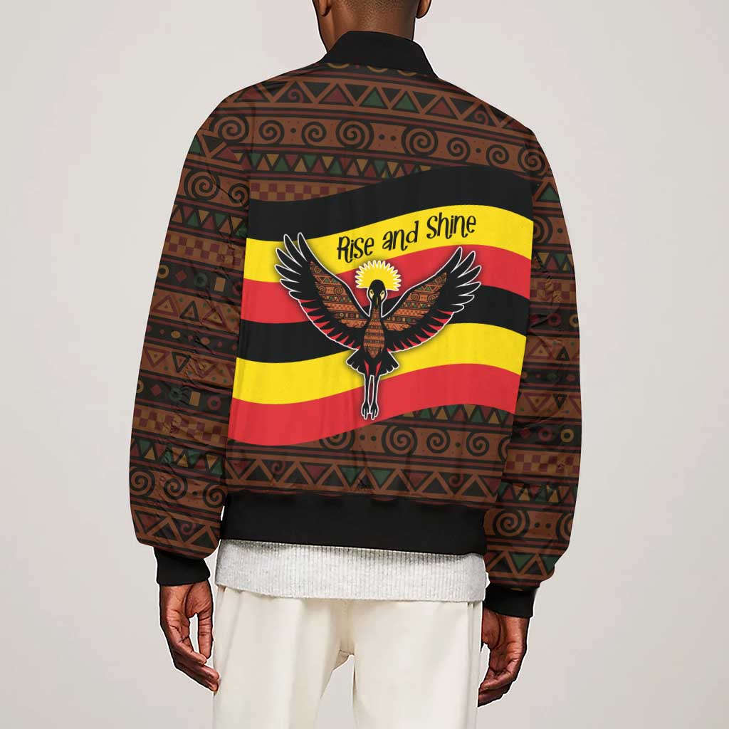 Uganda Sleeve Zip Bomber Jacket - Crested Crane and Rise and Shine Tribal Pattern Design