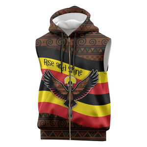 Uganda Sleeveless Zip Hoodie - Crested Crane and Rise and Shine Tribal Pattern Design - African Pride