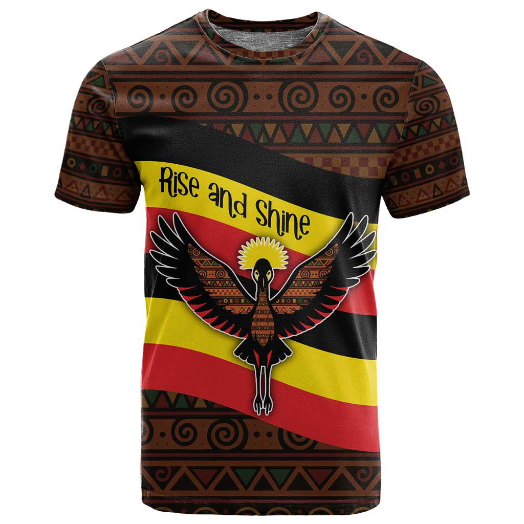 Uganda T shirt - Crested Crane and Rise and Shine Tribal Pattern Design