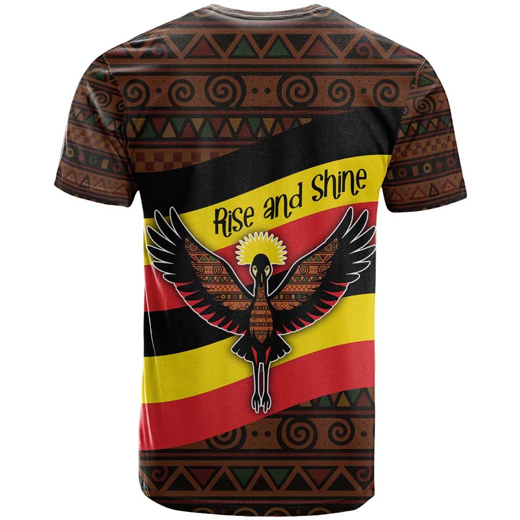 Uganda T shirt - Crested Crane and Rise and Shine Tribal Pattern Design