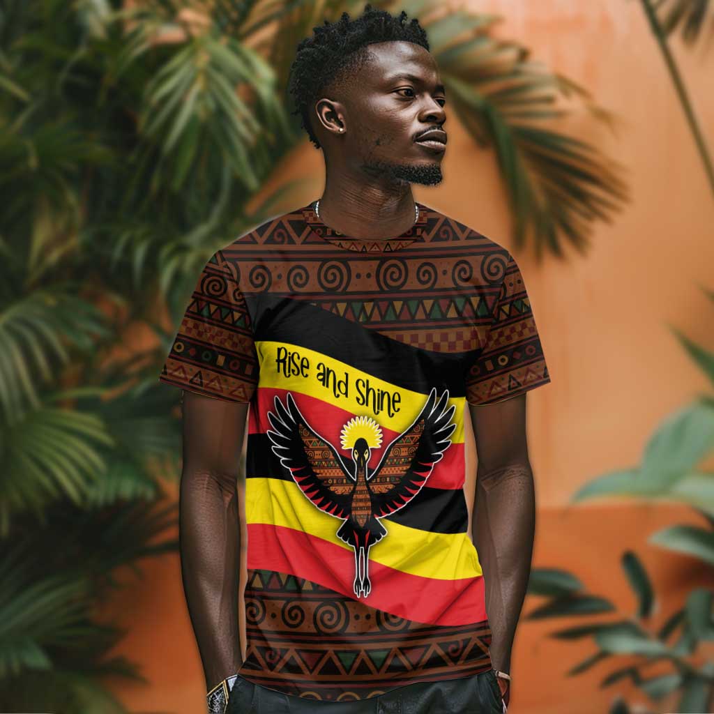 Uganda T shirt - Crested Crane and Rise and Shine Tribal Pattern Design