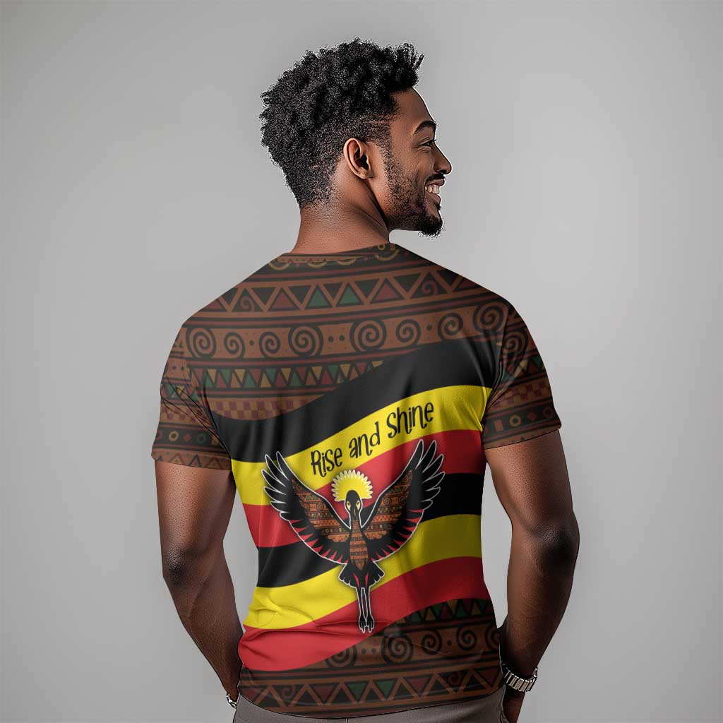 Uganda T shirt - Crested Crane and Rise and Shine Tribal Pattern Design