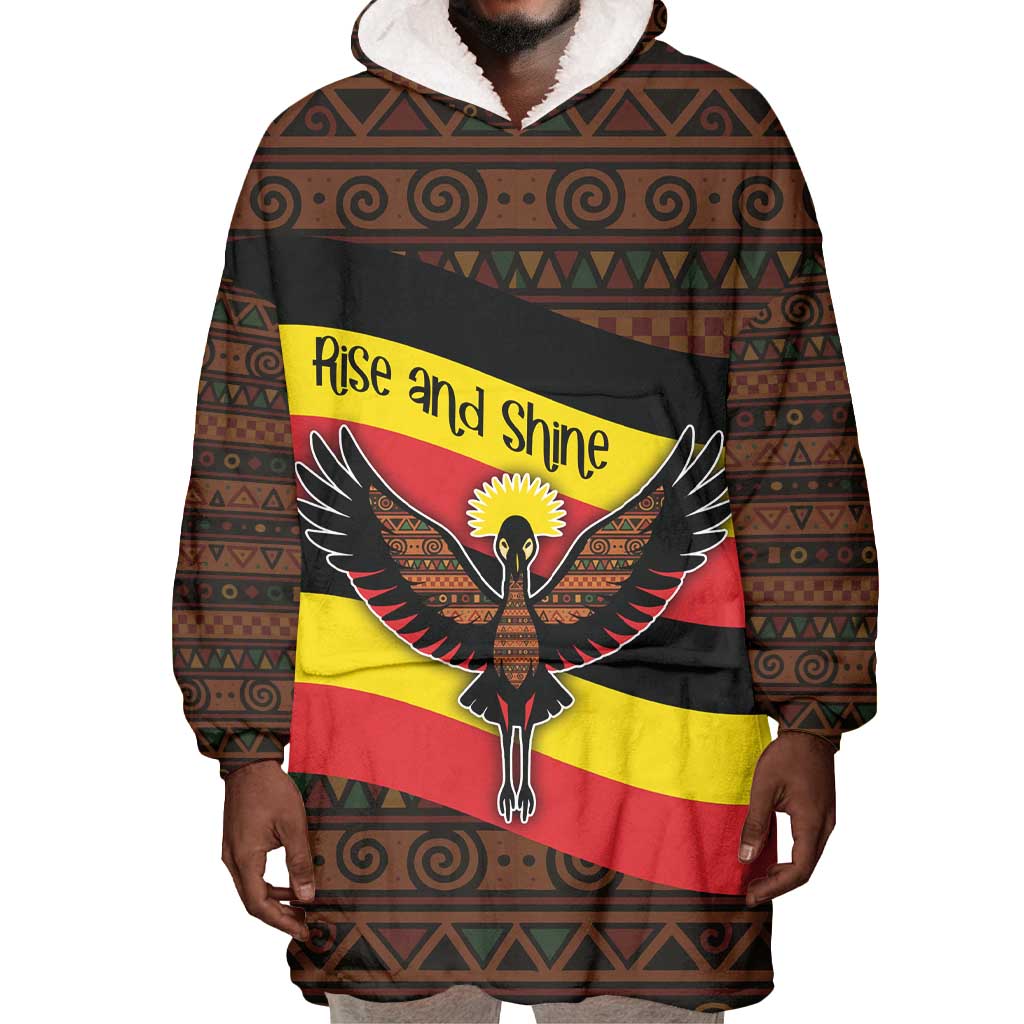 Uganda Wearable Blanket Hoodie - Crested Crane and Rise and Shine Tribal Pattern Design