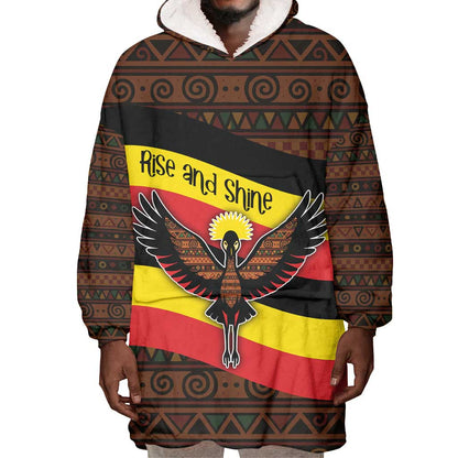 Uganda Wearable Blanket Hoodie - Crested Crane and Rise and Shine Tribal Pattern Design