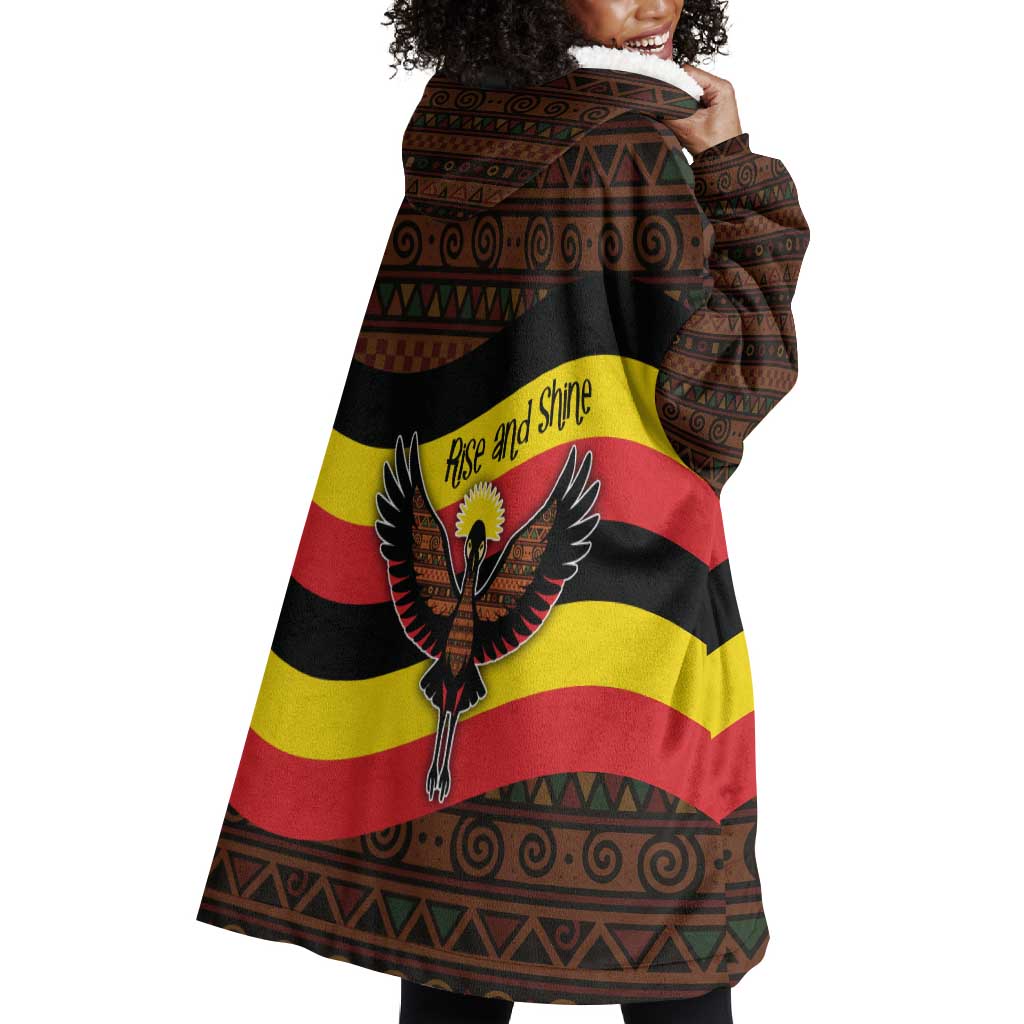Uganda Wearable Blanket Hoodie - Crested Crane and Rise and Shine Tribal Pattern Design