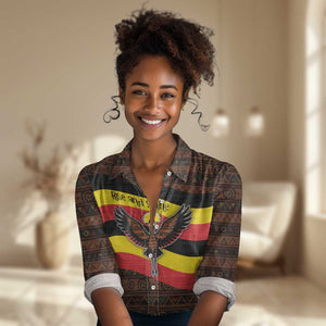 Uganda Women Casual Shirt - Crested Crane and Rise and Shine Tribal Pattern Design