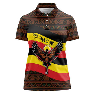 Uganda Women Polo Shirt - Crested Crane and Rise and Shine Tribal Pattern Design