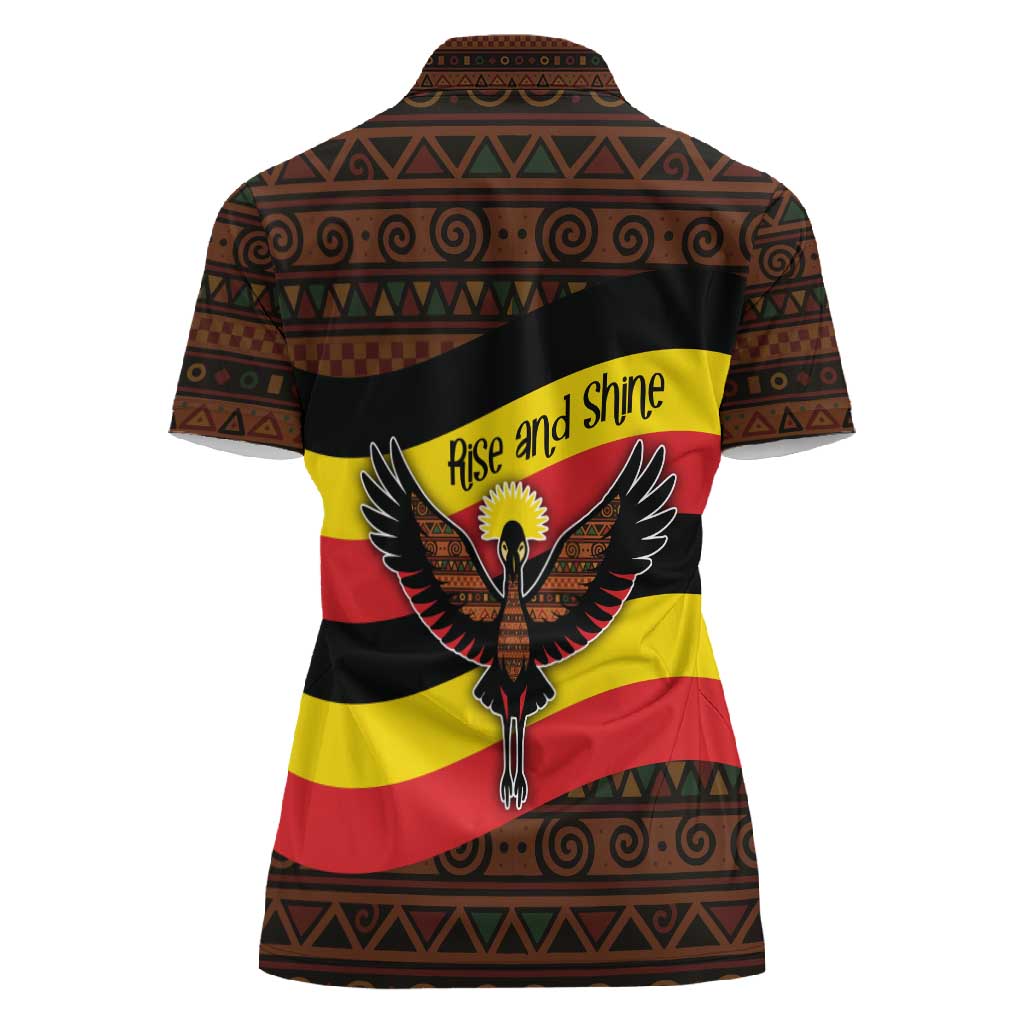 Uganda Women Polo Shirt - Crested Crane and Rise and Shine Tribal Pattern Design