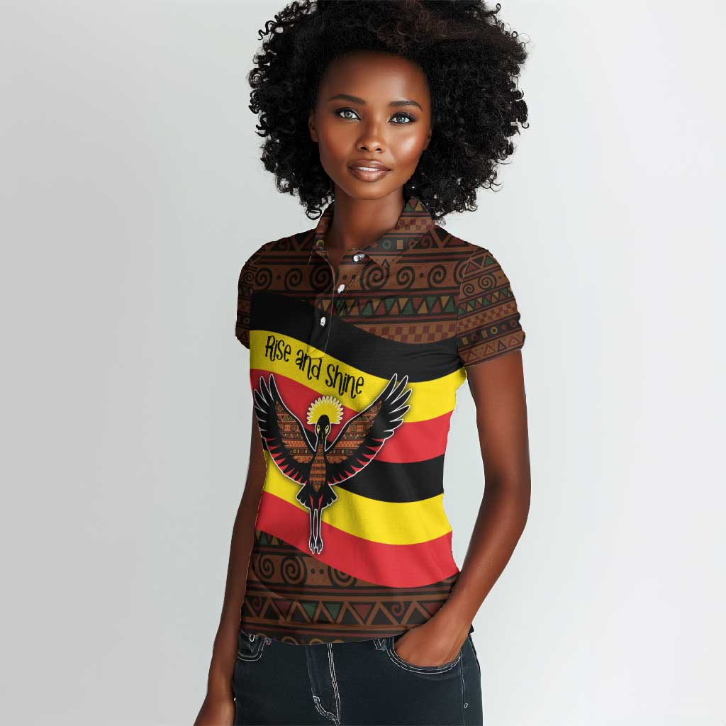 Uganda Women Polo Shirt - Crested Crane and Rise and Shine Tribal Pattern Design