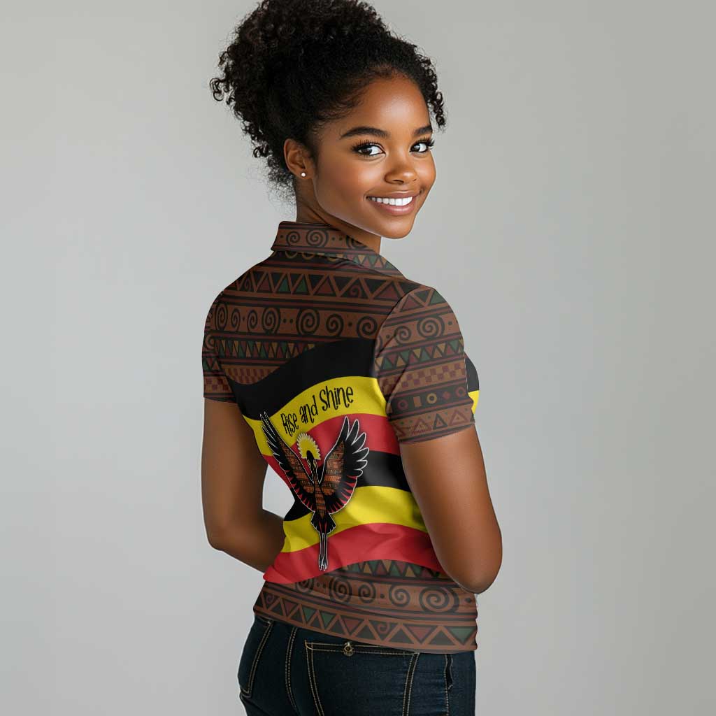 Uganda Women Polo Shirt - Crested Crane and Rise and Shine Tribal Pattern Design