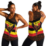 Uganda Women Racerback Tank - Crested Crane and Rise and Shine Tribal Pattern Design
