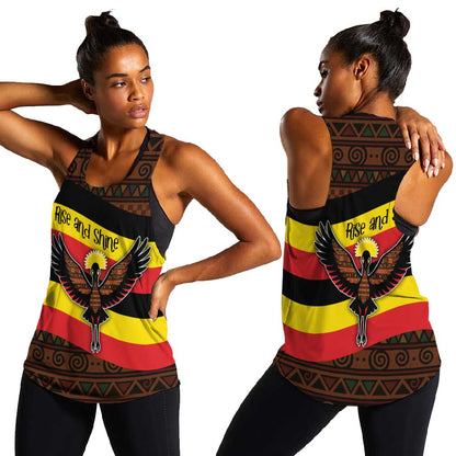 Uganda Women Racerback Tank - Crested Crane and Rise and Shine Tribal Pattern Design