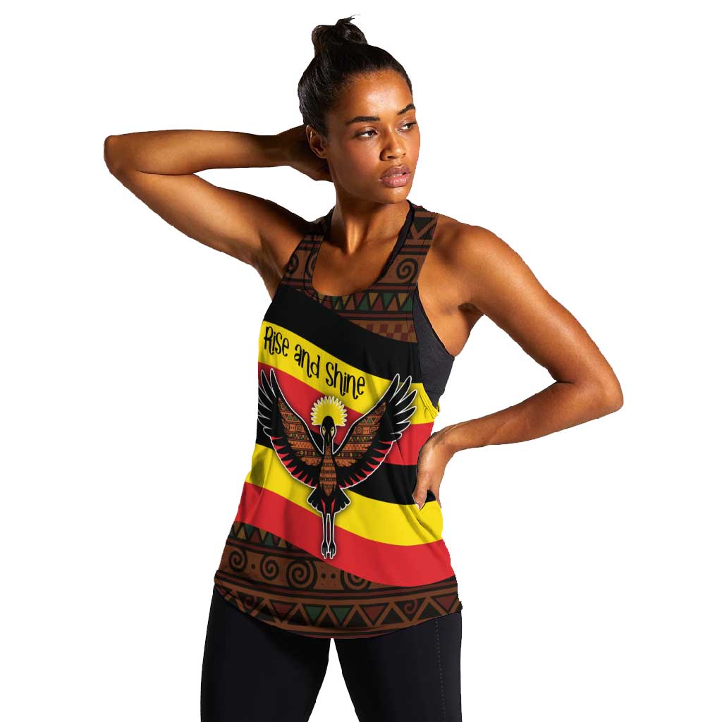 Uganda Women Racerback Tank - Crested Crane and Rise and Shine Tribal Pattern Design
