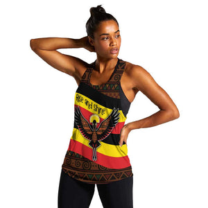 Uganda Women Racerback Tank - Crested Crane and Rise and Shine Tribal Pattern Design