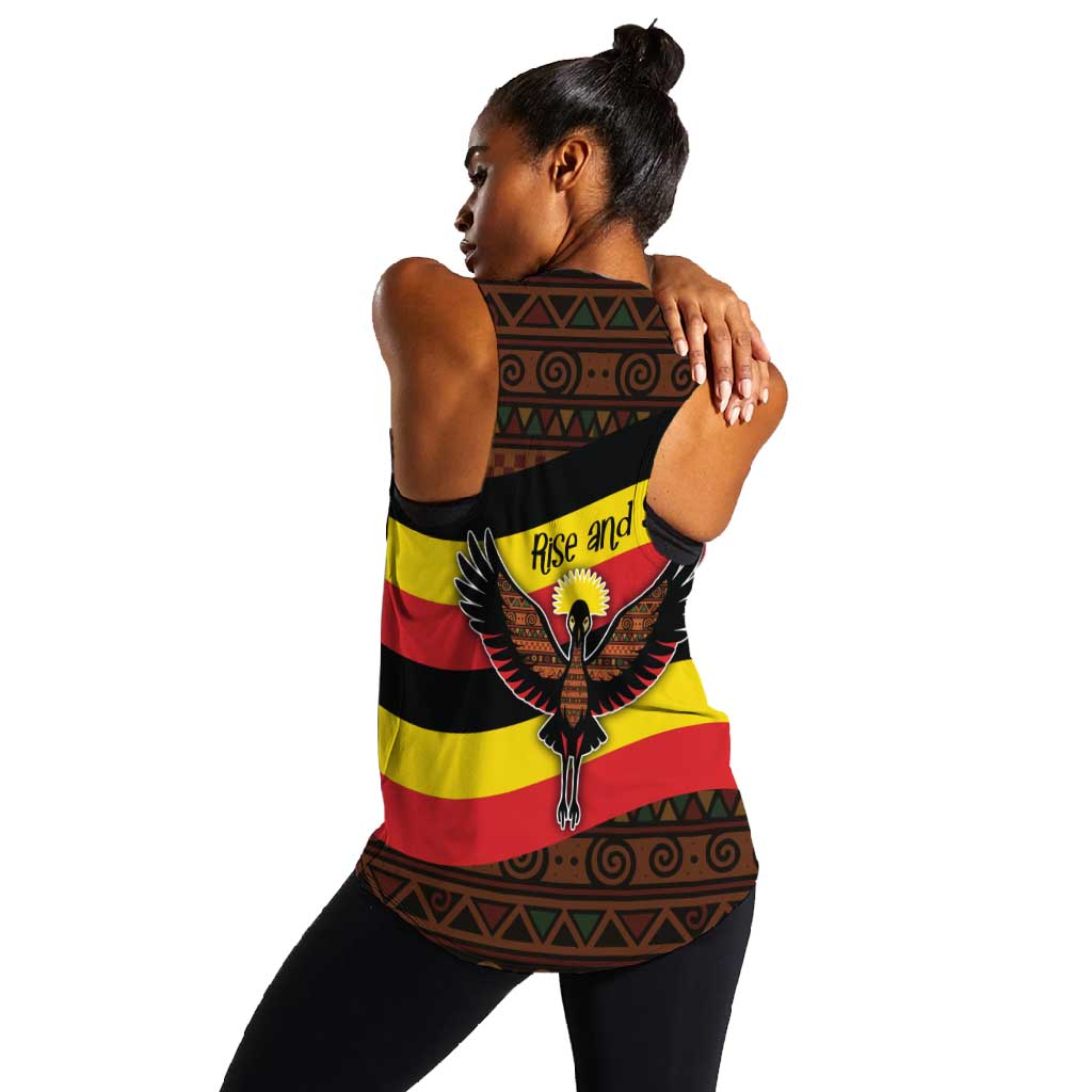 Uganda Women Racerback Tank - Crested Crane and Rise and Shine Tribal Pattern Design