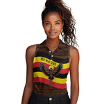 Uganda Women Sleeveless Polo Shirt - Crested Crane and Rise and Shine Tribal Pattern Design