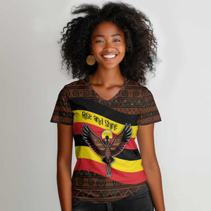 Uganda Women V-Neck T-Shirt - Crested Crane and Rise and Shine Tribal Pattern Design
