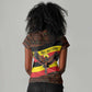 Uganda Women V-Neck T-Shirt - Crested Crane and Rise and Shine Tribal Pattern Design