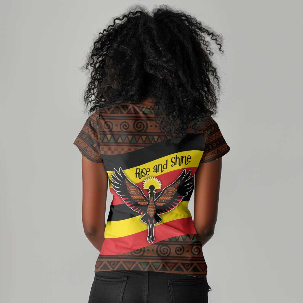 Uganda Women V-Neck T-Shirt - Crested Crane and Rise and Shine Tribal Pattern Design