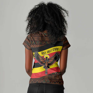 Uganda Women V-Neck T-Shirt - Crested Crane and Rise and Shine Tribal Pattern Design