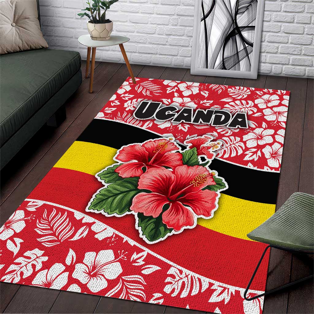 Uganda Area Rug - Red Hibiscus Flowers and National Flag Design