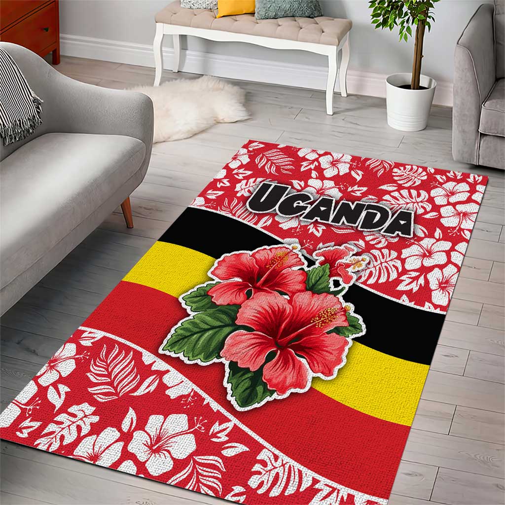 Uganda Area Rug - Red Hibiscus Flowers and National Flag Design