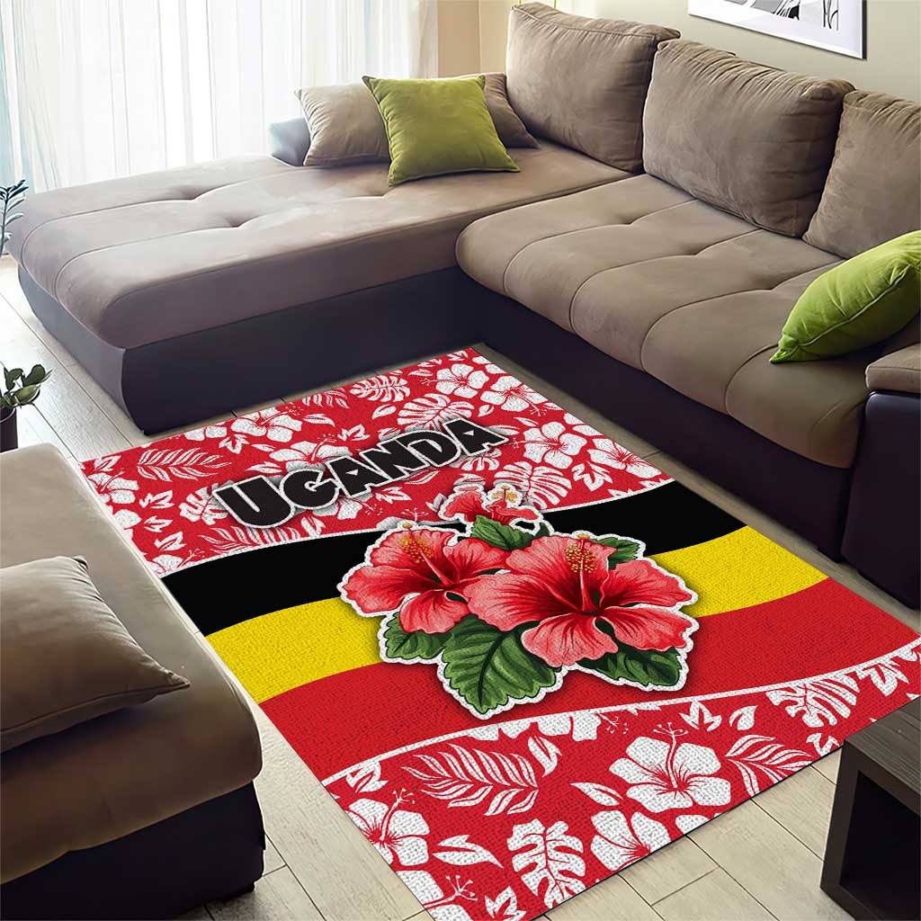 Uganda Area Rug - Red Hibiscus Flowers and National Flag Design