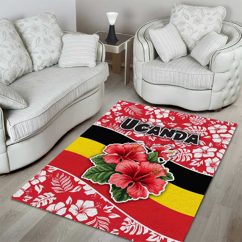 Uganda Area Rug - Red Hibiscus Flowers and National Flag Design