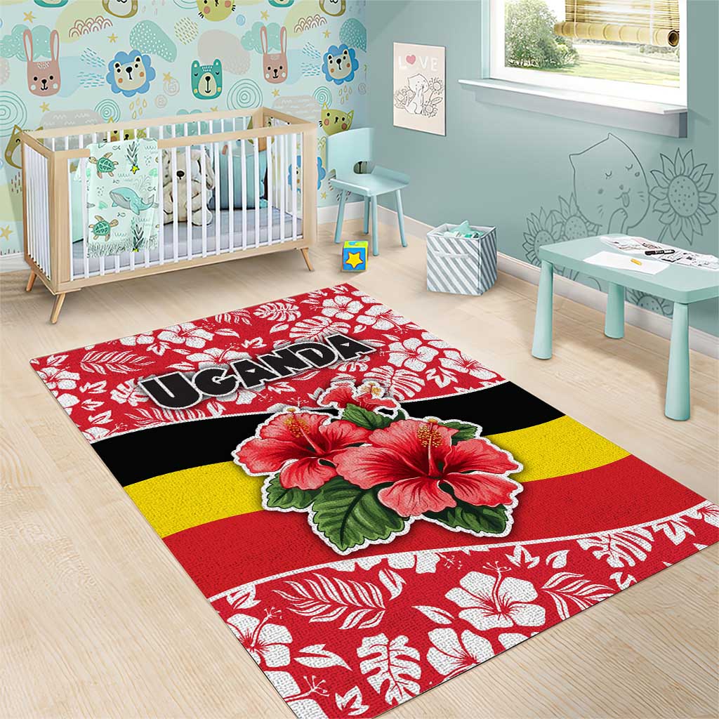 Uganda Area Rug - Red Hibiscus Flowers and National Flag Design